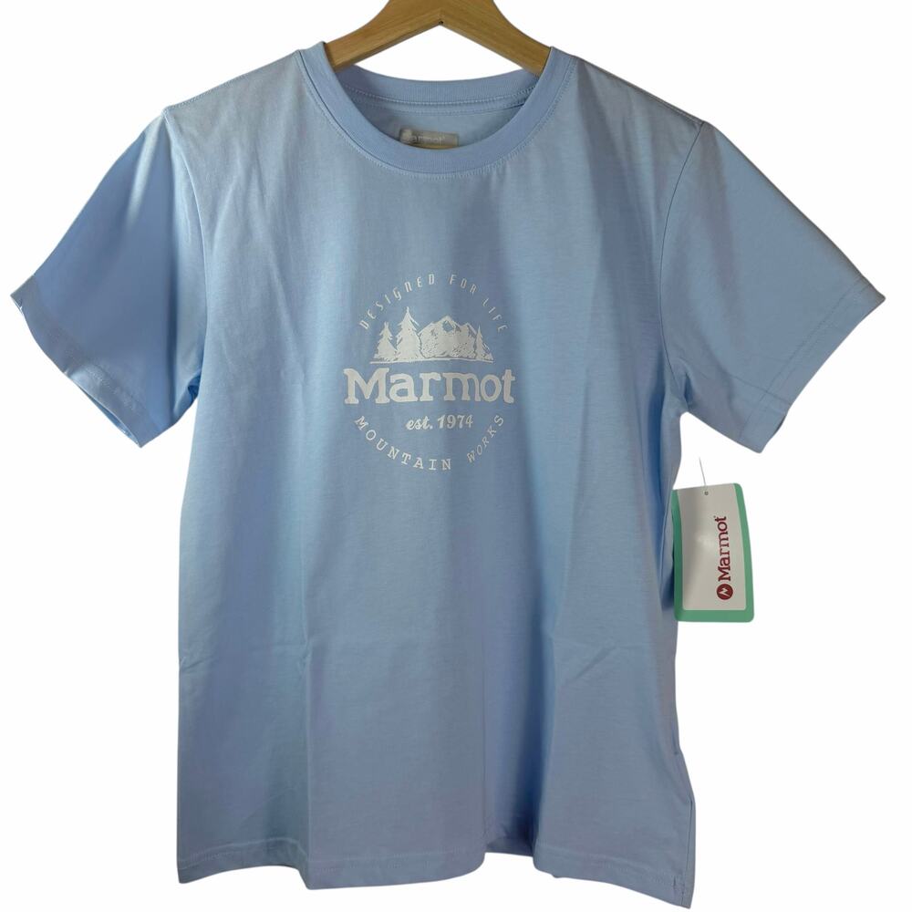New Marmot Women’s Club Tee Blue Mirage Graphic Logo T-Shirt Size Medium